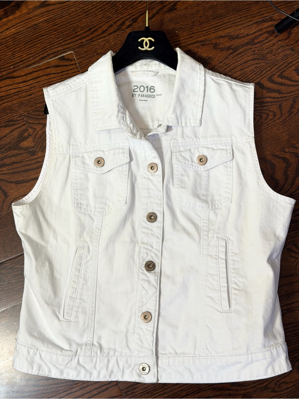 Parasuco White Jean Jacket Moto Fringed Sleeveless Vest Junior Womens Sz XL
